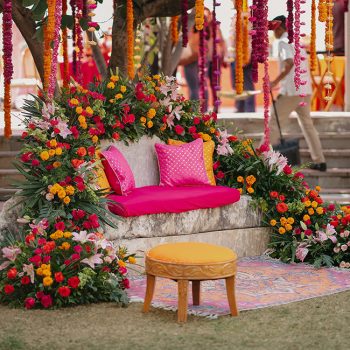 Staying true to tradition with a modern flair, this couple’s garden wedding mandap featured a perfect balance of vivid hues and brass elements