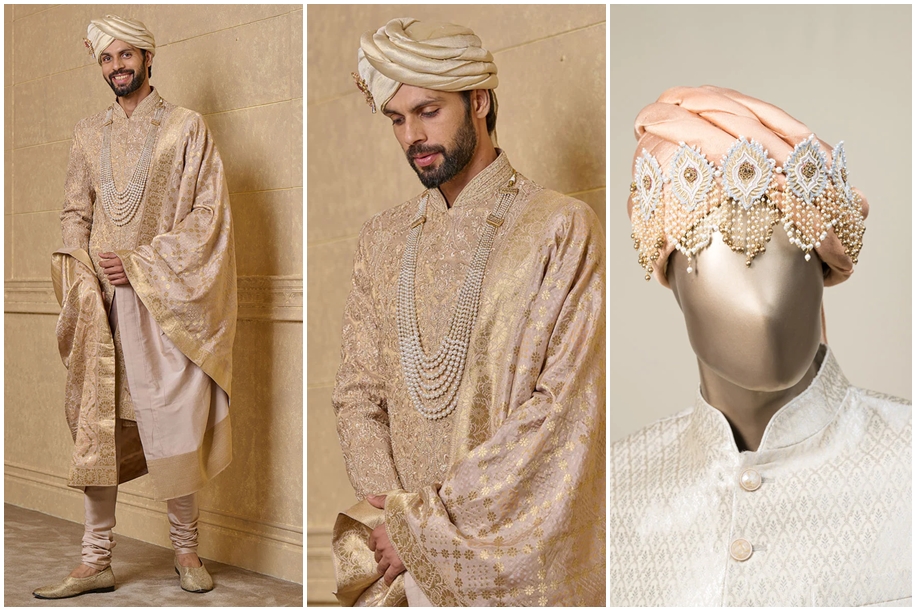 A Man Wearing Pink Floral Embroidered Sherwani