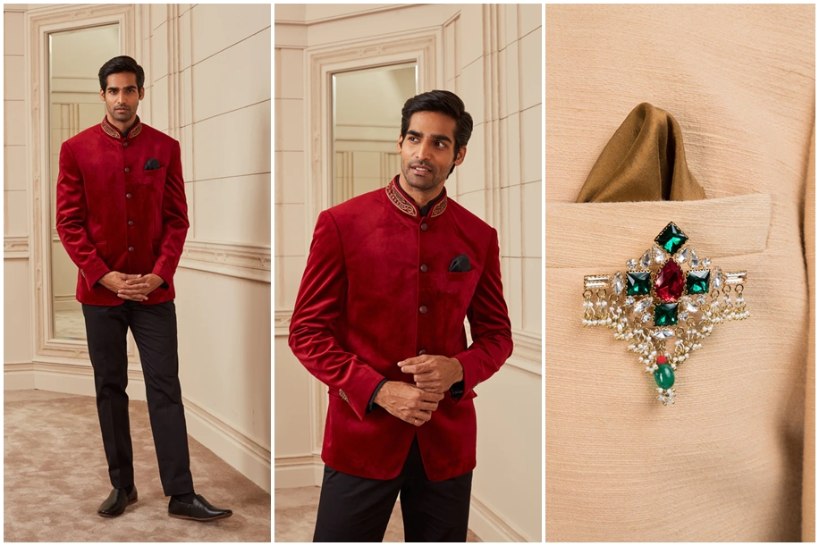 A Man Wearing Maroon Velvet Bandhgala for Men