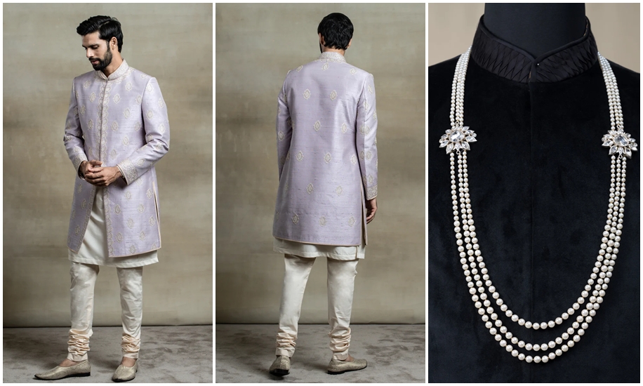 A man wearing a Lilac Achkan in Silk with Aari and Zardozi Embroidery