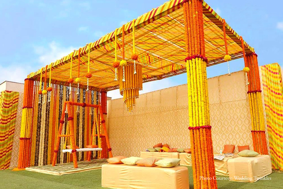 Haldi yellow and orange marigolds decor