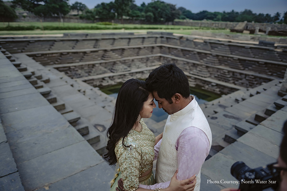 Regal structures in Hampi served as dramatic backdrops for Rohini and Dheeraj's pre-wedding photoshoot