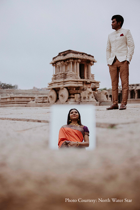 Regal structures in Hampi served as dramatic backdrops for Rohini and Dheeraj's pre-wedding photoshoot