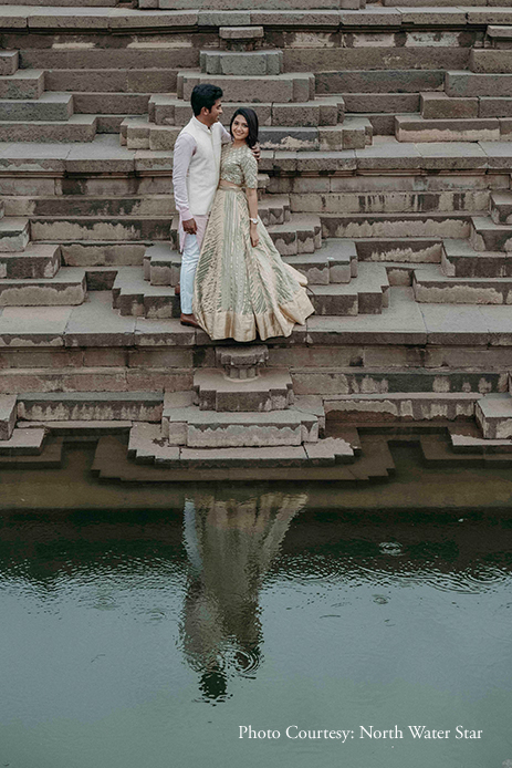 Regal structures in Hampi served as dramatic backdrops for Rohini and Dheeraj's pre-wedding photoshoot